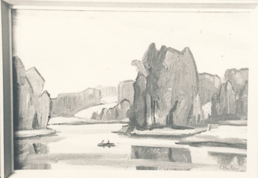 Foto. Kunstnik Ernst Hallopi õlimaal "Maastik järve ja paadiga" 1966.a.