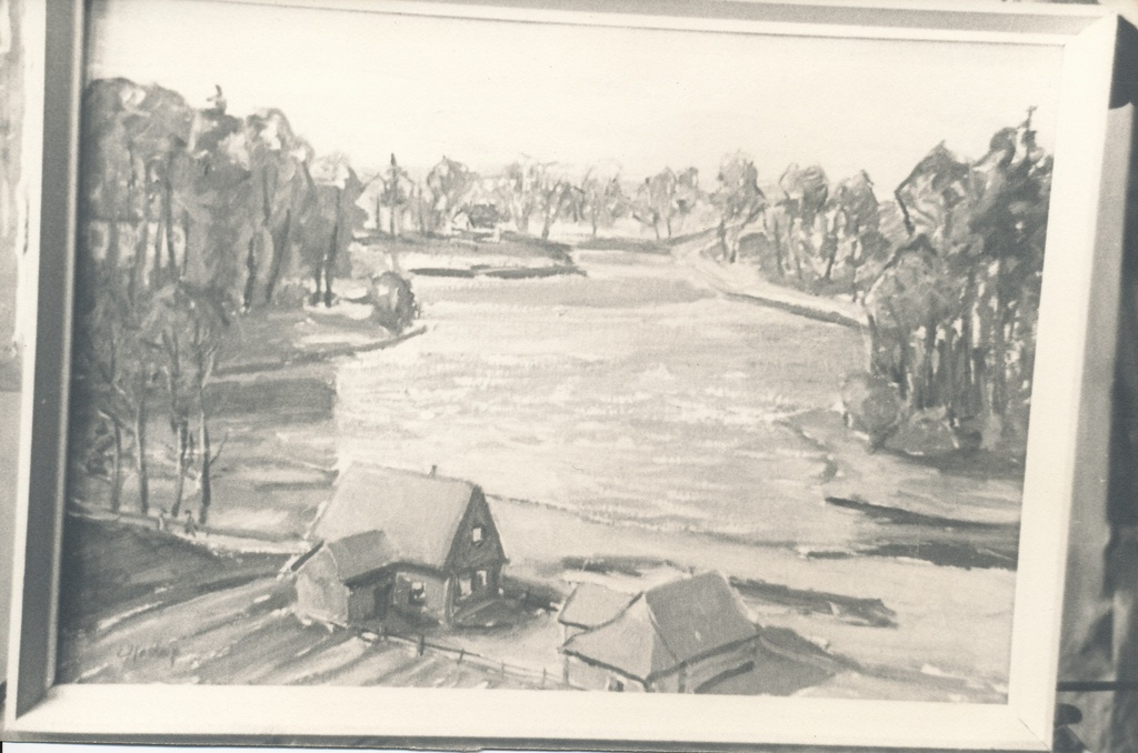 Foto. Ernst Hallopi pastellmaal "Maastik järve ja majadega"