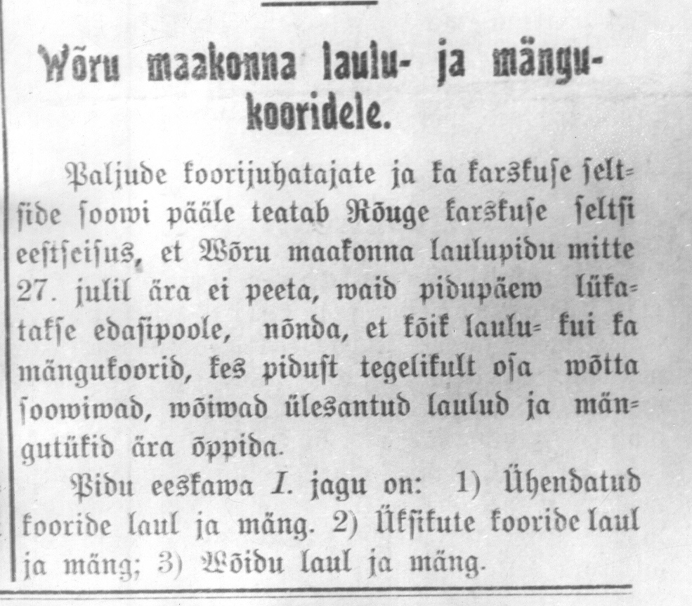 Foto. "Võru maakonna laulu- ja  mängukooridele", ajalehest "Uus Aeg" nr. 83, 1903.a.