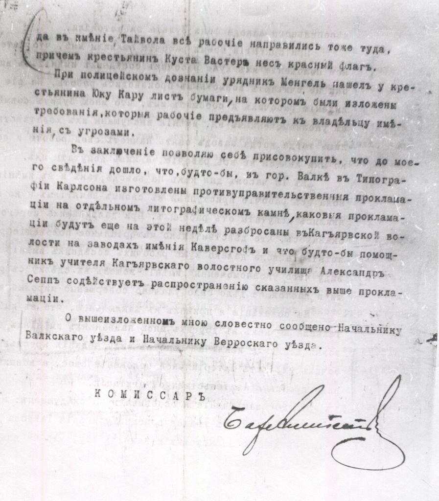 Foto. Riia kreisiülema ettekanne 8.09.1906.a. kubernerile sündmustest Tahevas ja Mõnistes.