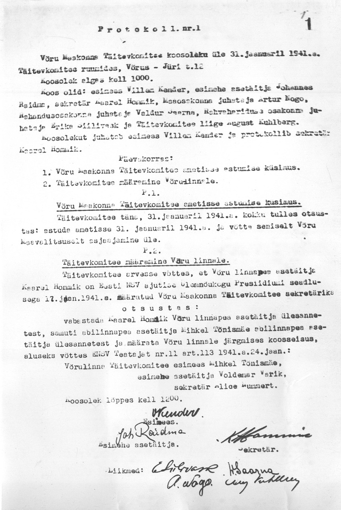 Foto. Protokoll nr. 1  Võru Maakonna Täitevkomitee koosoleku  kohta 31.jaan. 1941.a.