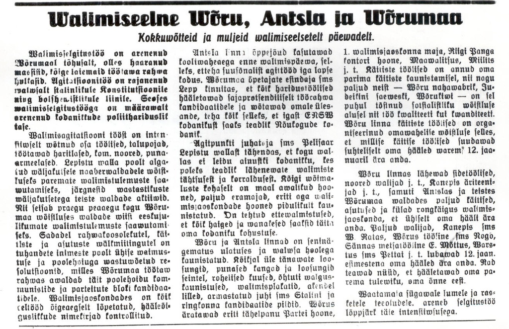 Foto. Artikkel "Valimiseelne Võru, Antsla ja Võrumaa", "Töörahva Elu", 1941.a., 10.jaan., nr.4