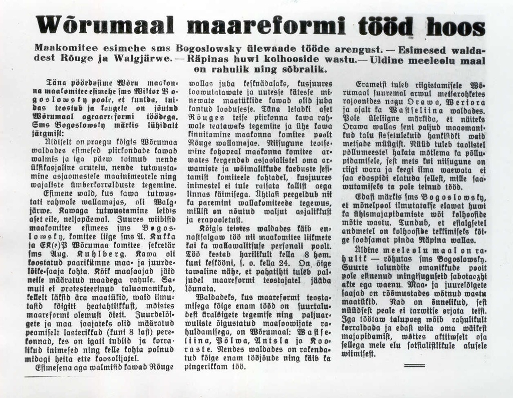 Foto. Artikkel "Võrumaal maareformi tööd hoos", "Töörahva Elu", 1940.a., 11.okt. nr. 23.