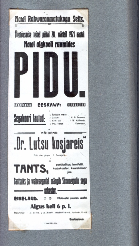 Fotoalbum. Navi küla kultuurielu.  Navi Raamatukogu Seltsi peo kuulutus 28. märtsil 1921.a.