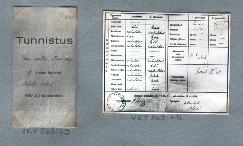 Fotoalbum.  Navi algkool. Navi algkooli III klassi õpilase Sibul , Adolfi 1927/28.õ.a.  tunnistuse esikülg.