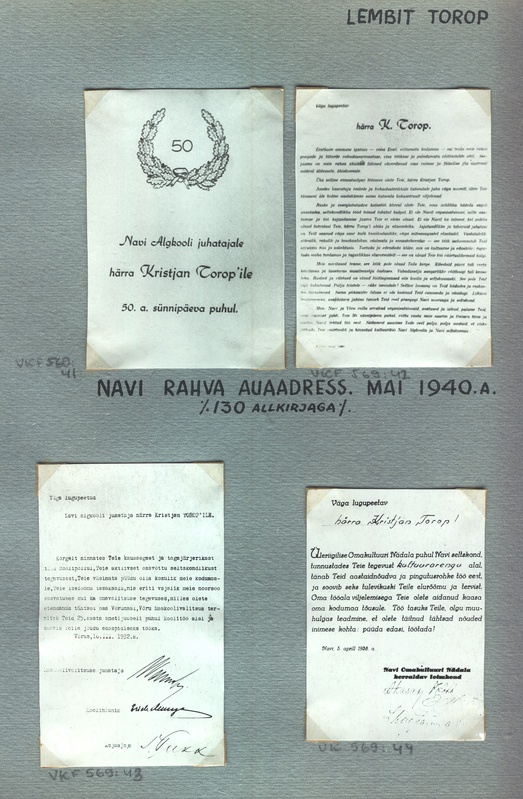 Fotoalbum. Navi algkool. Tervituskiri  Kristjan  Toropile 25. ametijuubelil Võru Maakooli Valitsuselt 10.märtsil 1932.a.