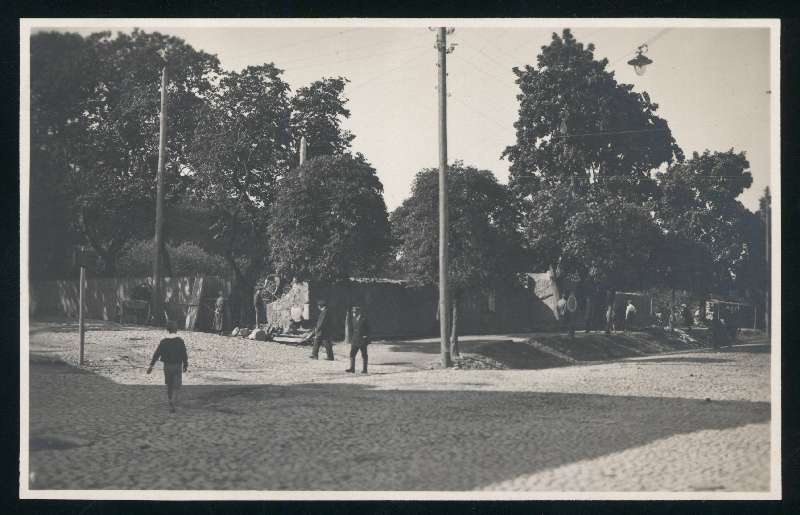 fotopostkaart, Viljandi, Vaksali tn- Kiriku allee (Tasuja pst) nurk, Viljandi mõis, õunaaed, kiviaia lammutus, u 1924, foto J. Rist