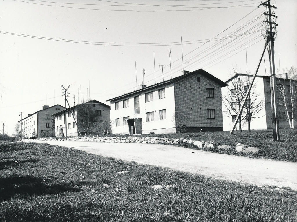Foto. Väimela Näidissovhoostehnikumi elamud Papli t., Matussaare teel ja ühiselamud Kooli teel mais 1981.a.