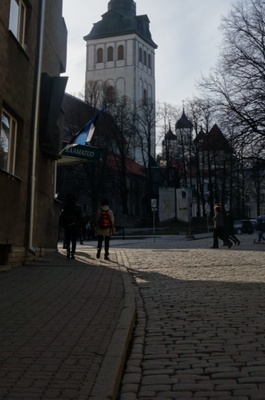 Consequences of March bombing in Tallinn: view of the King Street to the Church of Niguliste and Toompea rephoto