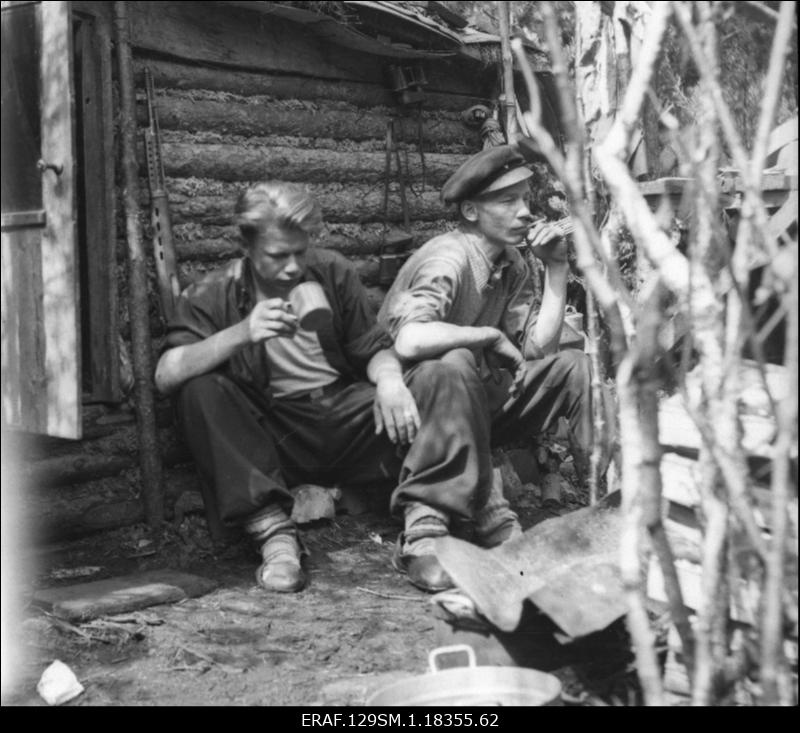 Altermann, Ülo metsavendade salga liikmed Martins, Elmar ja Juga, Voldemar punkri seina ääres viina võtmas. Foto Martins, Elmari (sünd 1929) uurimistoimikust