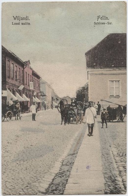 trükipostkaart, Viljandi, Lossi tn, Kauba tn ja Oru tn vahel, voorimees, koloreeritud, u 1909  duplicate photo