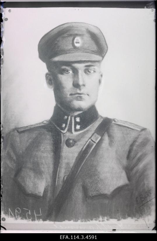 Kunstnik [Erna Brinkmanni?] pliiatsijoonistus Vabadussõja aegsest Tallinna Kooliõpilaste Pataljoni ülemast leitnant Ernst Leithammelist.