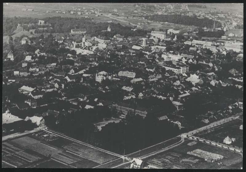 fotopostkaart, aerofoto, Viljandi, üldvaade linnale õhust, Uue tn-Kooli tn ristmik, Jaani kirik, u 1935