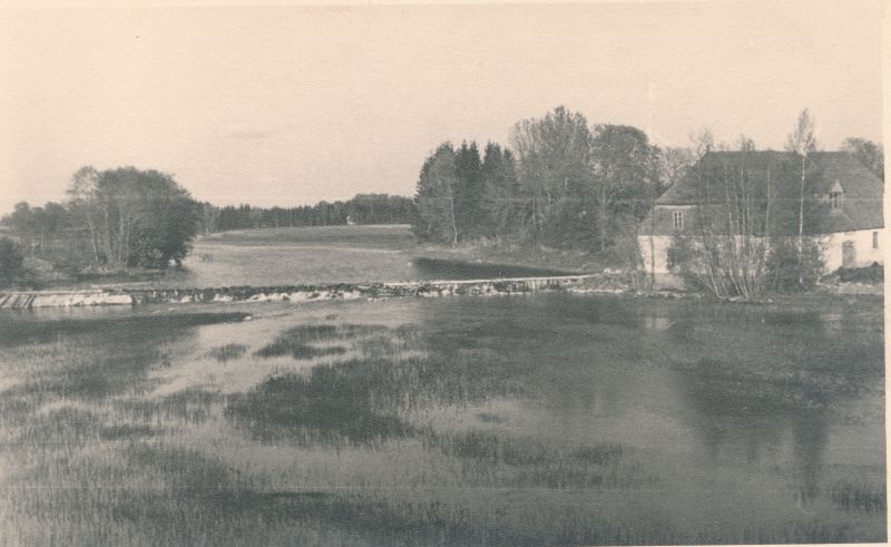 Foto. Vaade Teenuse jõe sillalt jõele, paisule ja vesiveskile. 29.05.1960. Fotogr. R. Kalk.