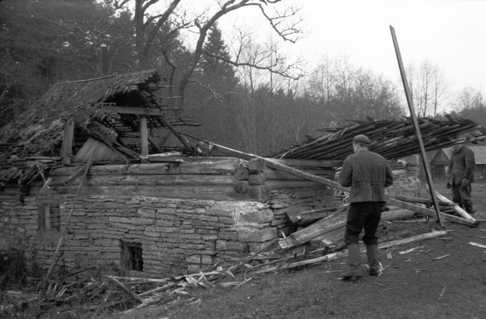 Möldri talu vesiveski lahtivõtmine Kahala külas, sarikate allalaskmine.