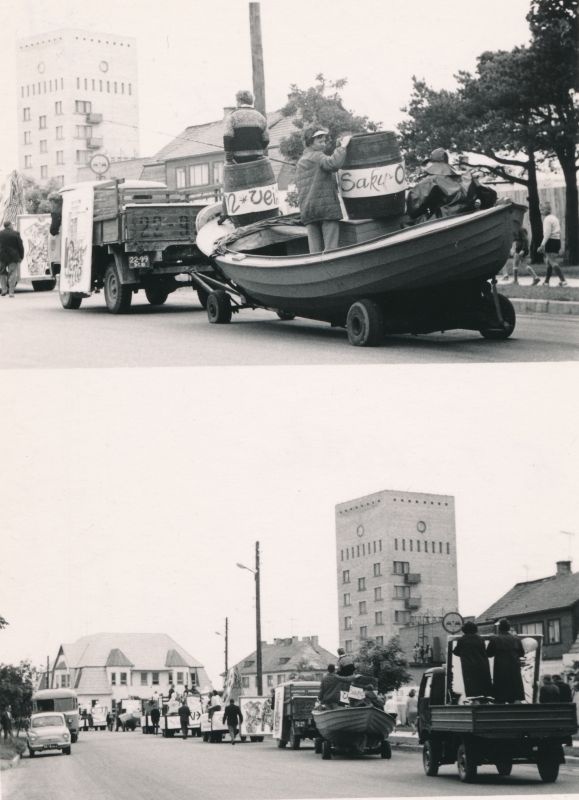 Kaksikfoto. Haapsalu RTK suvelaat Haapsalus 1969.a. Rongkäik Võidu tn. Mustvalge.