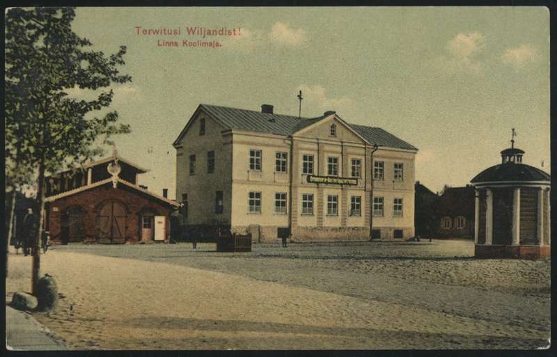 trükipostkaart, Viljandi, turuplats, linnakool, turuhoone, kaev, koloreeritud, u 1909, trükk H. Leoke (Wiljandi)