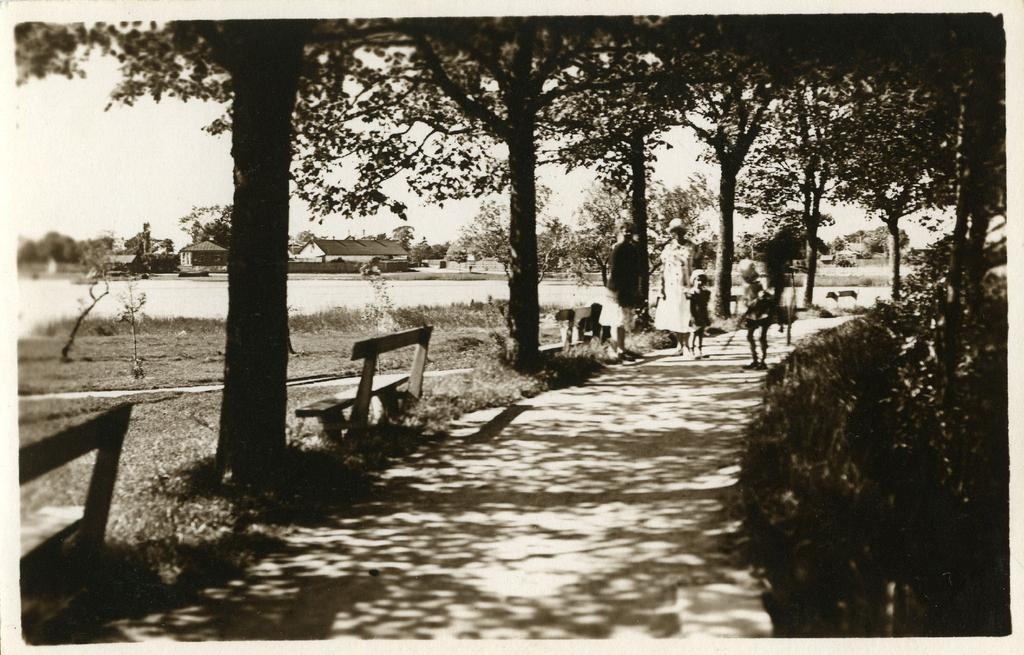 Kuressaare rand, vaade puiesteele, taamal jalutajad lastega