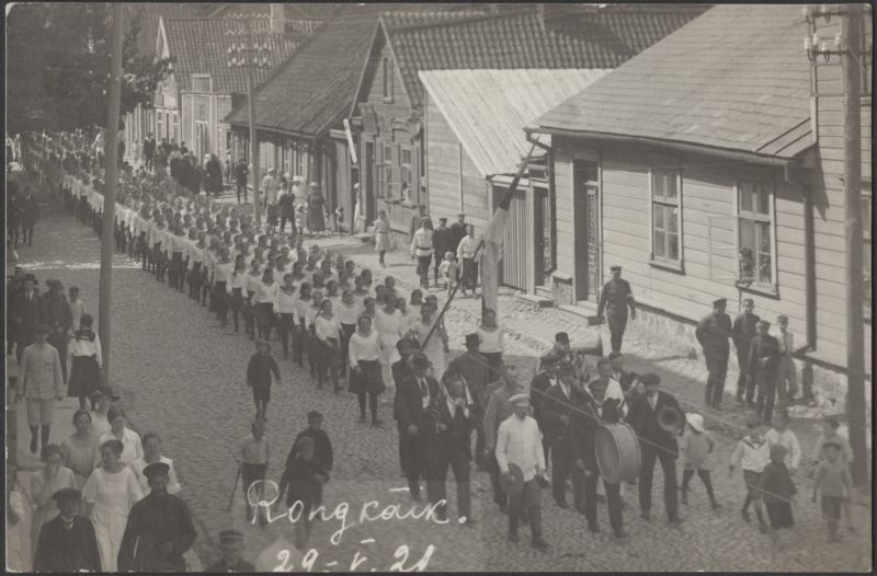 fotopostkaart, Viljandi, Posti tn, võimlemispidu, rongkäik, 29.05.1921