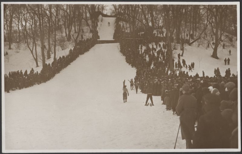 fotopostkaart, Viljandi, kaitseorganisatsioonide (kaitsevägi, kaitseliit, piirivalve, politsei) suusaolümpiaad, suusahüppe võistlused, veebruar 1931