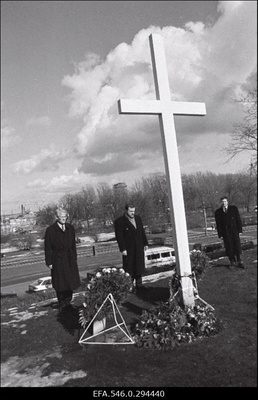 Rootsi peaminister Carl Bildt ja Eesti väliminister Jüri Luik asetavad pärja parvlaeva Estonia katastroofis hukkunute mälestuseks.  similar photo