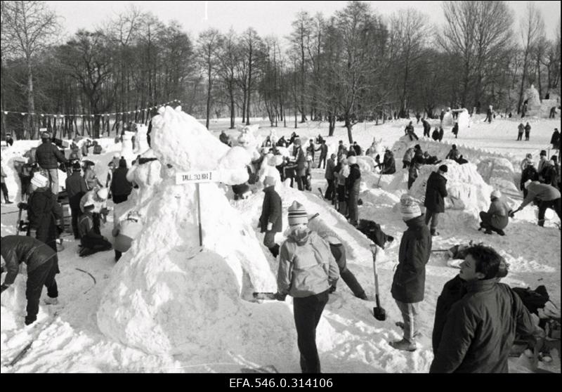 Eesti koolide võistkonnad lumeskulptuure ehitamas.