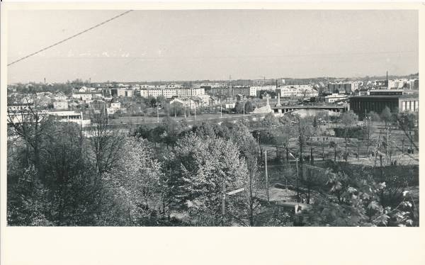 Kesklinna park, taga Võidu sild ja turuhoone (paremal). Tartu, 1965. Foto K. Raud.
