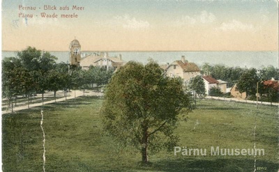 Postkaart, värviline. Vaade Pärnu Merepuiesteele, enne I maailmasõda. Verlag P.Toom  duplicate photo