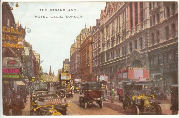 Postkaart. Inglismaa. London. Vaade ühele peatänavatest "The Strand" ja hotellile  "Cecil"