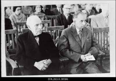 Professor Johannes Voldemar Veski ja eesti keele kateedrijuhataja A. Kask Tartu Riikliku Ülikooli aulas.  duplicate photo