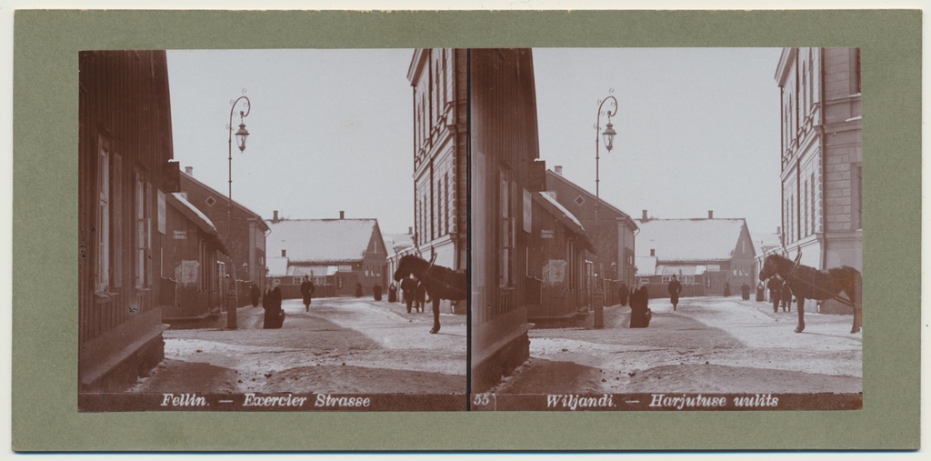 stereofoto, Viljandi, Harjutuse tn (Koidu tn) ja Posti tn ristmik, u 1905 foto J. Riet