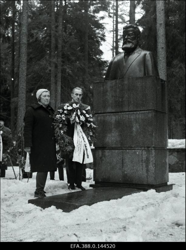 Ajalehe Tee Kommunismile toimetaja Koidula Vilpart ja vastutav sekretär Olev Bendi ajalehe Sakala 90. aastapäeval C.R. Jakobsoni haual Kurgjal.