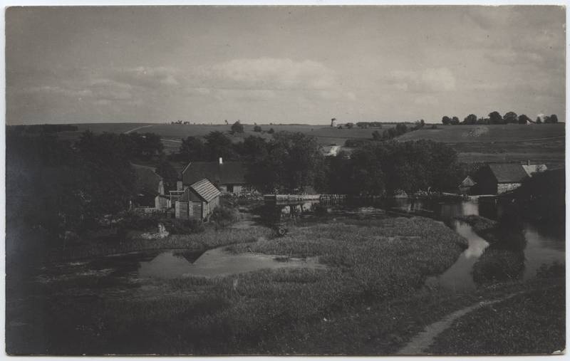 fotopostkaart, Viljandi, Kösti järv, vesiveski, elamu, taga Viiratsi tuuleveski u 1925