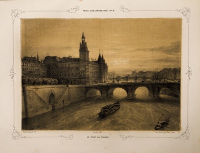Paris daguerréotypé No 18, Le Pont au Change. in: Paris et ses environs, reproduit par le daguerréotype. Sous la direction de M. Ch. Philipon. Artistes: MM. Arnout, Bayot, Bichebois, Bour, Boys, Cauchie, Cuvillier, Dumouza, Jaime, Nouveau, Provost, Sorrieu, Tirepenne et Villeret. - Paris. Chez Aubert et Cie, Editeurs, Marchands d'estampes et imprimeurs lithographes. - 1840.  duplicate photo