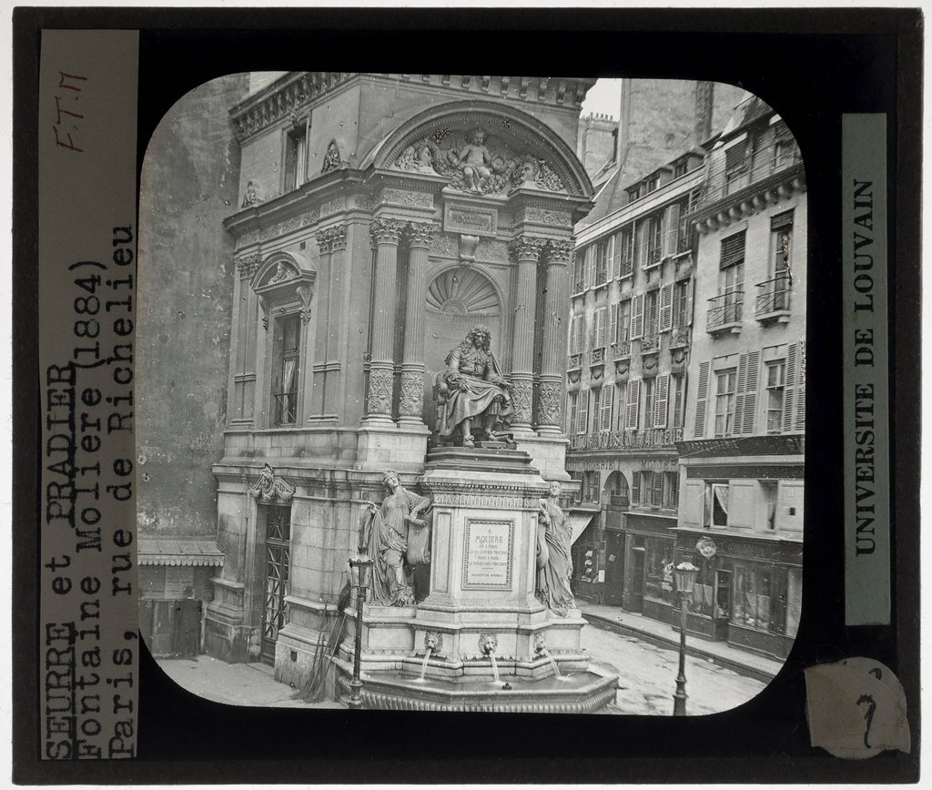 Barnard-Gabriel Seurre. Jean-Jacques Pradier. Fontaine Molière - KU Leuven. Glass slides art history. Université de Louvain, between 1839 and 1939. Photographer unknown. Added information on slide. Movement/Style: Neoclassicism. Creation/Building: 1844. Technique/Material: Bronze, marble. Current location: France, Paris, Place Mireille. EuroPhot. Art History. 19th century. Architecture. Fountain. EuroPhot. Art history. 19th century. Architecture. Fountain.