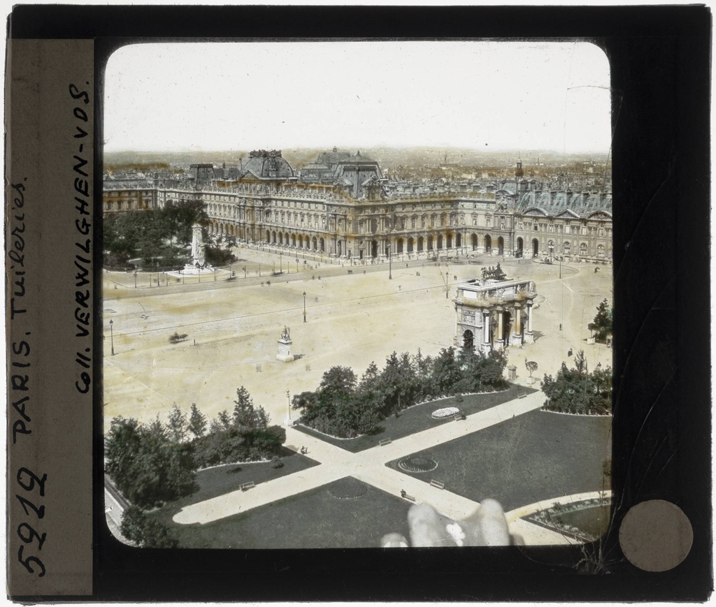 Paris. View of the Place du Carrousel with the Arc de Triomphe du Carrousel and the Louvre, seen from the Palais des Tuileries - KU Leuven. Glass slides art history. Université de Louvain, between 1839 and 1939. Photographer unknown. Added information on slide. Currents/Style: Renaissance, Classicism, Neoclassicism, Baroque (Palais du Louvre); Classicism (Arc de Triomphe du Carrousel); Baroque (Place du Carrousel). Creation/construction: 1806-1808 (Arc de Triomphe du Carrousel), 1190-1993 (Palais du Louvre); 1564-1867 (Palais des Tuileries), 1662 (Place du Carrousel). Current location: France, Paris. EuroPhot. Art History. Various periods. Architecture. Square. EuroPhot. Art history. Various periods. Architecture. Square. EuroPhot. Social history. Various periods. Architecture. Square. EuroPhot. Social history. Various periods. Architecture. Square.
