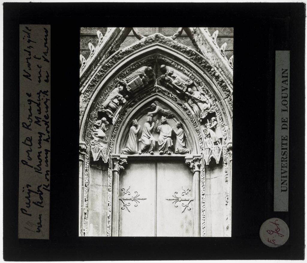 Paris. Cathédrale Notre-Dame Exterior: Tympanum with coronation of Mary and archivolts with scenes from the life of St. Marcellus from the Porte Rouge in the north-east facade - KU Leuven. Glass slides art history. Université de Louvain, between 1839 and 1939. Photographer unknown. Added information on slide. Movement/Style: Gothic. Creation/Building: 1250-1270. Current location: France, Paris. EuroPhot. Art History. Various periods. Architecture. Building. EuroPhot. Art history. Various periods. Architecture. Building. EuroPhot. Art History. 13th century. Sculpture. Relief. EuroPhot. Art history. 13th century. Sculptures. Relief.