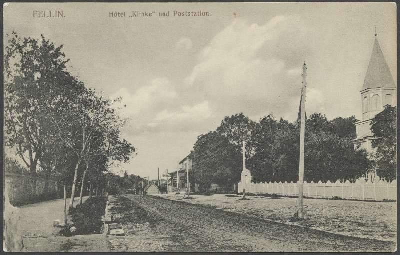 trükipostkaart, Viljandi, Vaksali tee algus, Vene kirik, hobupostijaam Klinke, u 1905, Verlag von J. Riet (Fellin)