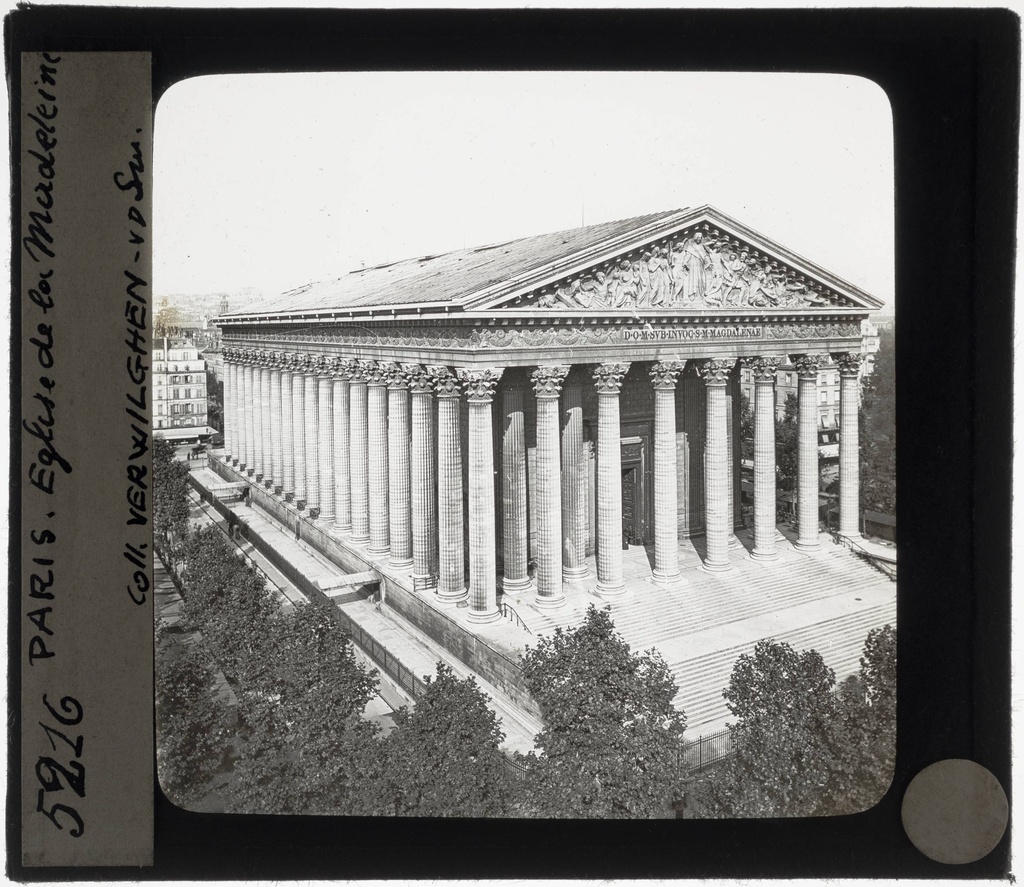 Paris. Eglise de la Madeleine Top view - KU Leuven. Glass slides landscape, architecture and design. Université de Louvain, between 1839 and 1939. Photographer unknown. Added information on slide. Movement/Style: Neoclassicism. Current location: France, Paris. Creation/Building: 1763-1842. EuroPhot. Art History. 18th century. Architecture. Building. EuroPhot. Art history. 18th century. Architecture. Building. EuroPhot. Social history. 18th century. Architecture. Building. EuroPhot. Social history. 18th century. Architecture. Building.