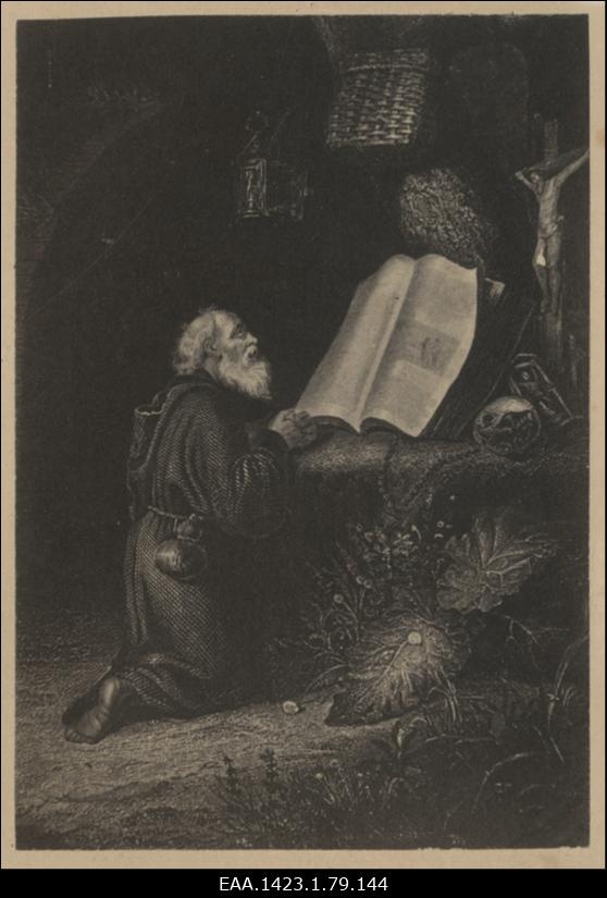 Graafiline leht, millel kujutatud piibli ees põlvitavat mungarüüs meest, repro