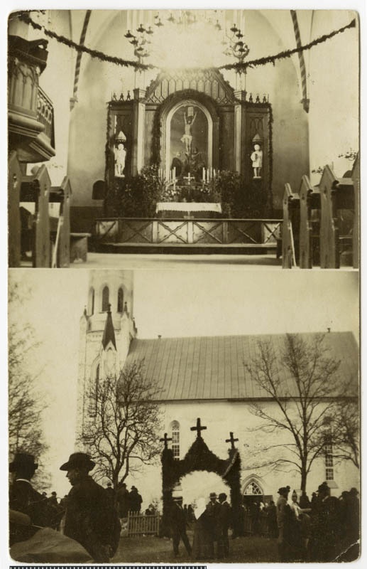 fotopostkaart, Paistu khk, Paistu kirik, välisvaade, sisevaade, altar, u 1910