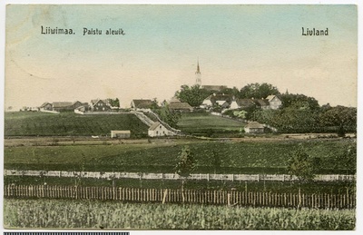 trükipostkaart, Paistu khk, Paistu, kirik, kihelkonnakool, pastoraat, apteek jt, koloreeritud, u 1915  duplicate photo