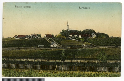 trükipostkaart, Paistu khk, Paistu, kirik, kihelkonnakool, pastoraat, apteek jt, koloreeritud, u 1915  duplicate photo
