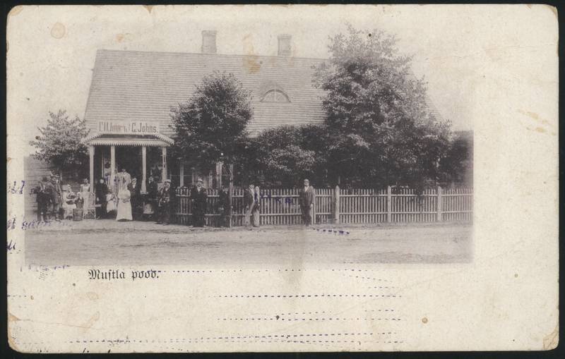 trükipostkaart, Tarvastu khk, Mustla alev, G. Johnsi kauplus, inimesed, u 1905
