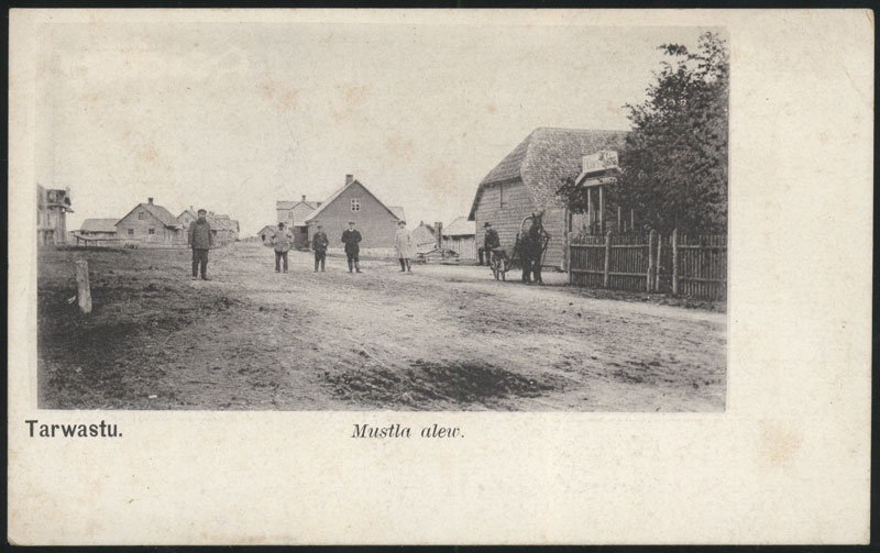 Postcard, Black ship, main street with people and horse riding