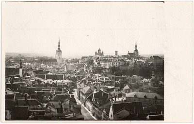 Toompea and All City. View of the n tower of the Oleviste Church. From the left: Stenbock church tower, Niguliste church, Lai tn, Nevski Cathedral, Long Hermann, Toomkirik and Stenbock house  similar photo