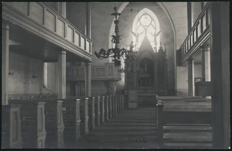 fotopostkaart, Tarvastu khk, Tarvastu kirik, sisevaade, saal, altar, postitempel 06.10.1932, u 1932, foto E. Ilves