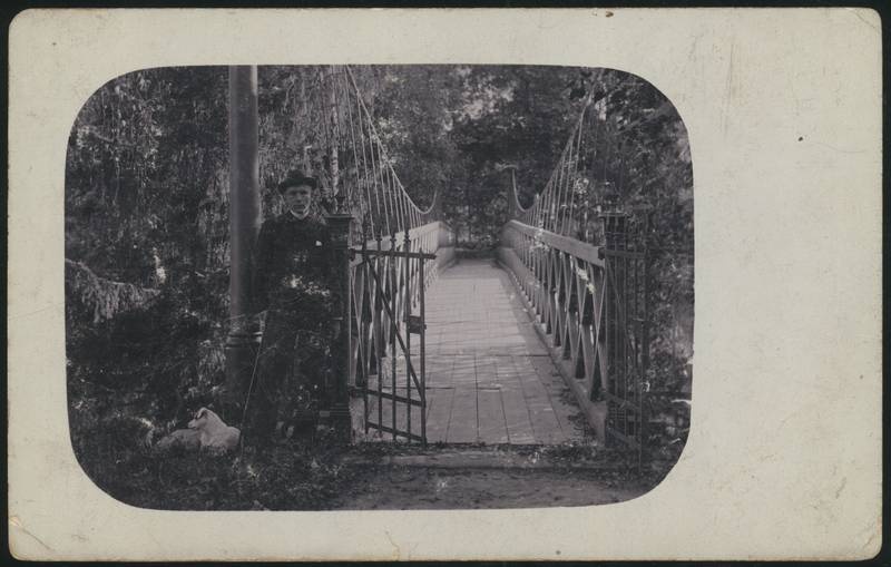 fotopostkaart, Tarvastu khk, Tarvastu rippuv sild, mees, koer, u 1910