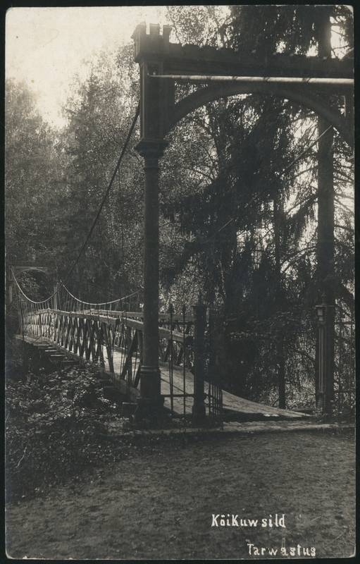fotopostkaart, Tarvastu khk, Tarvastu rippuv sild, u 1920, foto A. Glück