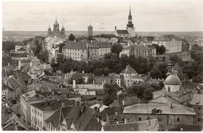 Toompea. View of the no tower of the Oleviste Church. From the left: Lai tn, Pika Foot Tower, Nevski Cathedral, Long Hermann, Toomkirik and Stenbock house  duplicate photo